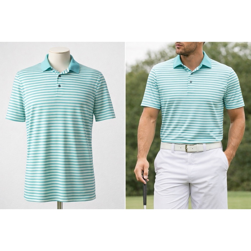 KJUS Polo Shirt Mens M White Green Stripe Golf UPF 50+ Stretch ROCC Golf‎ Logo